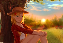 Size: 2443x1680 | Tagged: safe, artist:kinuwa, derpibooru import, applejack, human, equestria girls, braid, solo, sunset, tree