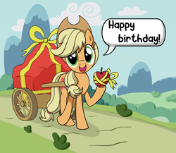 Size: 2048x1778 | Tagged: safe, artist:reconprobe, derpibooru import, applejack, earth pony, pony, apple, birthday, cart, food, solo, speech bubble