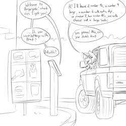 Size: 2000x2000 | Tagged: safe, artist:thedrunkcoyote, derpibooru import, oc, oc only, oc:amber steel, anthro, unicorn, big smoke, car, dialogue, digital art, drive thru, fast food, female, food, ford, ford bronco, grand theft auto, gta san andreas, horn, monochrome, order, solo, speech bubble, talking, text, unicorn oc