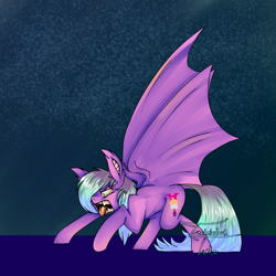 Size: 1280x1280 | Tagged: safe, artist:technicolourtorture, derpibooru import, oc, oc:buttercream cupid, bat pony, pegasus, aggressive, angry, bat pony oc, bat wings, fangs, multicolored hair, pink fur, sharp teeth, teeth, wings