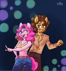 Size: 1200x1300 | Tagged: safe, artist:dubudrops, derpibooru import, cheese sandwich, pinkie pie, anthro, earth pony, belly button, cheesepie, dance floor, dancing, female, male, midriff, retro, shipping, standing, straight