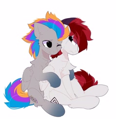 Size: 1524x1599 | Tagged: safe, artist:little-sketches, derpibooru import, oc, oc only, oc:allen, oc:pixel codec, pegasus, chest fluff, comforting, commission, crying, cuddling, folded wings, gradient hooves, hug, hug from behind, male, pegasus oc, simple background, sitting, stallion, white background, wings