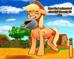 Size: 2732x2200 | Tagged: safe, artist:phutashi, derpibooru import, applejack, earth pony, pony, atg 2022, dialogue, ears, eyes closed, female, floppy ears, gritted teeth, mare, mouth hold, newbie artist training grounds, solo, stardew valley, sweat, sweatdrop, teeth, watering can