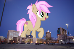 Size: 1920x1285 | Tagged: safe, artist:frownfactory, artist:thegiantponyfan, derpibooru import, strawberry scoop, earth pony, pony, boise, female, friendship student, giant pony, giant/macro earth pony, giantess, highrise ponies, idaho, irl, macro, mare, mega giant, open mouth, photo, ponies in real life, raised hoof, raised leg, smiling, solo