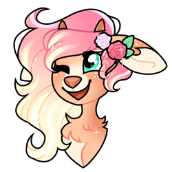 Size: 1600x1600 | Tagged: safe, artist:moonert, derpibooru import, oc, oc only, deer, deer pony, original species, pony, bust, chest fluff, ears, female, floppy ears, flower, flower in hair, mare, one eye closed, rose, simple background, solo, transparent background, wink