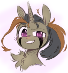 Size: 741x796 | Tagged: safe, artist:frigidmare, artist:torridline, derpibooru import, oc, oc:rusted gold, pony, unicorn, blushing, bust, chest fluff, coat markings, colored, cute, ears up, fluffy, fluffy mane, gift art, grin, happy, heart, long mane, looking at you, male, multicolored hair, pink eyes, ponytail, portrait, present, request, sketch, smiling, smug, solo, sparkly eyes, stallion, wingding eyes