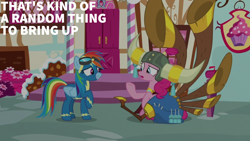 Size: 1920x1080 | Tagged: safe, derpibooru import, edit, edited screencap, editor:quoterific, screencap, pinkie pie, rainbow dash, earth pony, pegasus, pony, season 8, yakity-sax, spoiler:s08, clothes, duo, female, goggles, helmet, honorary yak horns, horned helmet, mare, open mouth, smiling, sugarcube corner, text, uniform, viking helmet, wonderbolts uniform, yovidaphone