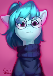 Size: 2076x3000 | Tagged: safe, artist:khvorost162, derpibooru import, oc, oc only, oc:whispy slippers, earth pony, pony, clothes, female, glasses, magenta background, mare, simple background, solo, sweater, turtleneck