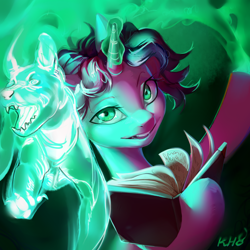 Size: 2776x2776 | Tagged: safe, artist:khvorost162, derpibooru import, oc, unicorn, book, female, horn, looking at you, magic, smiling, solo