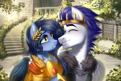 Size: 3700x2480 | Tagged: safe, artist:fenwaru, derpibooru import, oc, oc only, pegasus, pony, armor, crown, happy, jewelry, laurel wreath, regalia, smiling, wreath