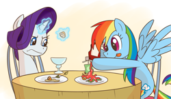 Size: 1049x609 | Tagged: safe, artist:anonymous, derpibooru import, rainbow dash, rarity, pegasus, pony, unicorn, dinner, drawthread, duo, female, food, glass, juice, juice box, ketchup, levitation, magic, mare, rarity is not amused, requested art, sauce, simple background, sitting, table, telekinesis, tongue, tongue out, unamused, uncouth