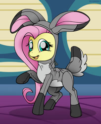 Size: 1100x1346 | Tagged: safe, artist:jenfoxworth, derpibooru import, fluttershy, pegasus, pony, animal costume, bodysuit, bunny costume, clothes, costume, cute, daaaaaaaaaaaw, looking at you, raised hoof, raised leg, shyabetes