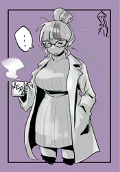 Size: 1400x2000 | Tagged: safe, artist:sozglitch, derpibooru import, sci-twi, twilight sparkle, human, ..., big breasts, breasts, busty sci-twi, clothes, coffee, drink, female, glasses, hand in pocket, lab coat, messy hair, nerd, purple background, simple background, solo, speech bubble, steam, sweater, tired