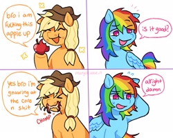 Size: 1952x1560 | Tagged: safe, artist:mangocake_11, derpibooru import, applejack, rainbow dash, earth pony, pegasus, pony, apple, apple core, comic, dialogue, eating, eyes closed, food, mouth hold, simple background, smiling, that pony sure does love apples, vulgar, white background