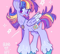 Size: 1370x1248 | Tagged: safe, artist:bland__boy, artist:blandboyx, derpibooru import, oc, oc only, pegasus, pony, eye clipping through hair, eyebrows, eyebrows visible through hair, female, folded wings, jewelry, looking at you, mare, necklace, open mouth, open smile, pink background, simple background, smiling, smiling at you, solo, starry background, stars, wings