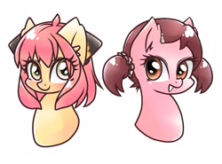 Size: 1923x1420 | Tagged: safe, artist:namaenonaipony, derpibooru import, earth pony, pony, anime, anya forger, becky blackbell, bust, duo, duo female, eye clipping through hair, female, looking at you, mare, open mouth, ponified, simple background, spy x family, white background