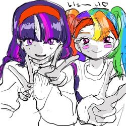 Size: 1024x1024 | Tagged: safe, artist:8165tanmen, derpibooru import, rainbow dash, twilight sparkle, equestria girls, alternate hairstyle, blush sticker, blushing, clothes, duo, duo female, female, heart, japanese, looking at you, open mouth, open smile, peace sign, simple background, smiling, smiling at you, sweat, sweater, white background