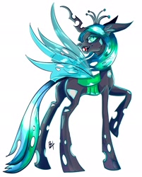 Size: 1646x2048 | Tagged: safe, artist:bestlifeb4, derpibooru import, queen chrysalis, changeling, changeling queen, butt, female, horn, insect wings, mare, plot, profile, raised hoof, raised leg, sharp teeth, signature, simple background, solo, spread wings, teeth, white background, wings