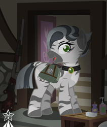 Size: 4245x5021 | Tagged: safe, artist:devorierdeos, derpibooru import, oc, oc:grass, zebra, bag, door, green eyes, gun, looking at you, rifle, saddle bag, smiling, soap, weapon