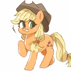 Size: 729x729 | Tagged: safe, artist:xiooo_witch, derpibooru import, applejack, earth pony, pony, applejack's hat, clothes, cowboy hat, eye clipping through hair, female, freckles, hat, looking at you, mare, raised hoof, raised leg, simple background, solo, white background