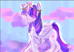 Size: 868x616 | Tagged: safe, artist:xiooo_witch, derpibooru import, twilight sparkle, twilight sparkle (alicorn), alicorn, pony, big crown thingy, element of magic, female, folded wings, horn, jewelry, looking at you, mare, regalia, solo, wings