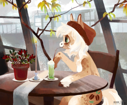 Size: 1654x1370 | Tagged: safe, artist:wolfiedrawie, derpibooru import, oc, oc only, earth pony, pony, beanie, bendy straw, candle, drinking, drinking straw, hat, potted plant, sitting, solo, table