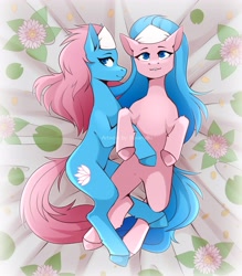 Size: 3584x4096 | Tagged: safe, artist:buvanybu, derpibooru import, aloe, lotus blossom, earth pony, pony, duo, female, lip bite, looking at you, looking sideways, lying down, mare, on back, on side, smiling, smiling at you, spa twins