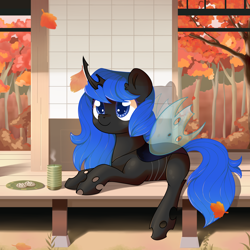 Size: 2100x2100 | Tagged: safe, artist:musicfirewind, derpibooru import, oc, oc only, oc:blue visions, changeling, autumn, bench, blue changeling, candle, commission, high res, leaves, solo, ych result