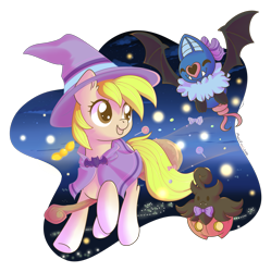 Size: 2163x2170 | Tagged: safe, artist:musicfirewind, derpibooru import, oc, oc only, oc:pixie bell, pony, broom, candy, clothes, commission, costume, crossover, flying, flying broomstick, food, halloween, halloween costume, high res, lollipop, pokémon, pumpkaboo, simple background, solo, swoobat, transparent background, witch, ych result