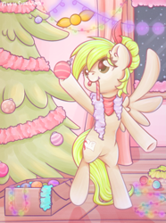 Size: 1369x1839 | Tagged: safe, artist:musicfirewind, derpibooru import, oc, oc only, oc:pixie bell, pegasus, pony, bipedal, candy, candy cane, christmas, christmas decoration, christmas tree, decorating, food, holiday, solo, tree