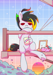 Size: 2480x3508 | Tagged: safe, artist:musicfirewind, derpibooru import, oc, oc only, oc:cipher wave, earth pony, hybrid, pony, balcony, eyes closed, hand, high res, mug, sitting, solo, vaporwave