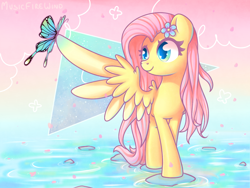 Size: 1600x1200 | Tagged: safe, artist:musicfirewind, derpibooru import, fluttershy, butterfly, pegasus, pony, alternate hairstyle, cute, female, flower, flower in hair, looking at something, mare, one wing out, shyabetes, sitting on wing, smiling, solo, standing, water, wings