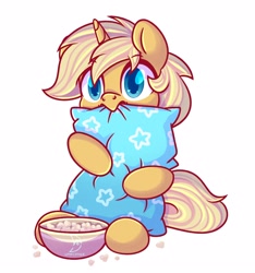 Size: 2480x2650 | Tagged: safe, alternate version, artist:musicfirewind, derpibooru import, oc, oc only, oc:sunlight bolt, pony, unicorn, biting, bowl, commission, food, high res, hug, male, pillow, pillow hug, popcorn, scared, simple background, solo, stallion, white background, ych result