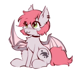 Size: 960x910 | Tagged: safe, artist:swaybat, derpibooru import, oc, oc only, oc:swaybat, bat pony, pony, :3, bat pony oc, blushing, chest fluff, choker, ear piercing, eye clipping through hair, eyebrows, eyebrows visible through hair, female, leg fluff, mare, piercing, simple background, sitting, solo, spread wings, white background, wings