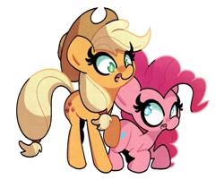 Size: 1857x1488 | Tagged: safe, artist:kindakismet, derpibooru import, applejack, pinkie pie, earth pony, pony, applejack's hat, clothes, cowboy hat, duo, duo female, female, hat, looking at each other, looking at someone, looking down, looking up, mare, open mouth, raised hoof, raised leg, simple background, white background