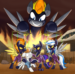 Size: 3000x2958 | Tagged: safe, artist:moonatik, derpibooru import, fire streak, spitfire, oc, oc:blaze (shadowbolt), oc:lady lightning strike, oc:starshine bomber, pegasus, pony, alternate timeline, clothes, commission, evil grin, fence, fire, gas, gas mask, grin, high res, hypnogear, hypnogoggles, latex, latex suit, marionette, mask, mind control, new lunar millennium, nightmare takeover timeline, plant, puppet strings, puppeteer, rock, rubber drone, scared, shadowbolt drone, shadowbolts, shirt, shrub, smiling, spread wings, village, wings