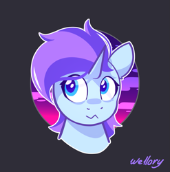 Size: 987x997 | Tagged: safe, artist:wellory, derpibooru import, oc, oc only, unicorn, bust, cute, female, gray background, signature, simple background, solo