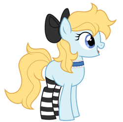 Size: 1280x1268 | Tagged: safe, artist:moonert, derpibooru import, oc, oc only, oc:wonderland, earth pony, pony, bow, choker, clothes, earth pony oc, female, full body, hair bow, hooves, mare, open mouth, open smile, show accurate, simple background, smiling, socks, solo, standing, striped socks, tail, transparent background