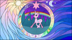 Size: 640x360 | Tagged: safe, artist:rumista, derpibooru import, alicorn, butterfly, earth pony, pegasus, pony, unicorn, animated, commission, gif, rainbow, solo, stained glass, your character here