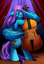 Size: 1749x2550 | Tagged: safe, artist:pridark, derpibooru import, oc, oc only, oc:swing time, pegasus, pony, bipedal, bow (instrument), cello, cello bow, commission, curtains, cutie mark, eyes closed, high res, musical instrument, pegasus oc, smiling, solo, stage, wing hands, wings
