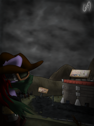 Size: 1500x2000 | Tagged: safe, artist:shido-tara, fallout equestria, goggles, hat, ruins, scarf