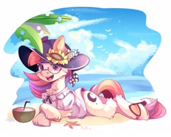 Size: 2500x2000 | Tagged: safe, artist:糖希, moondancer, earth pony, pony, beach, cloud, coconut, cute, drinking straw, female, flower, hat, looking at you, lying down, mare, ocean, open mouth, open smile, prone, smiling, smiling at you, solo, water