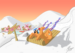 Size: 4093x2894 | Tagged: safe, artist:real-robertson, derpibooru import, oc, oc:ember (hwcon), hearth's warming con, mascot, netherlands, snow, solo, toboggan