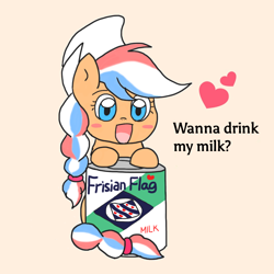 Size: 1024x1024 | Tagged: safe, alternate version, artist:foxy1219, oc, oc only, oc:ember, oc:ember (hwcon), earth pony, pony, blush sticker, blushing, dutch, female, friesland, frisian flag, hearth's warming con, mare, mascot, milk, netherlands, orange background, out of context, simple background, solo