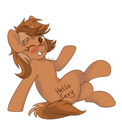 Size: 3000x3000 | Tagged: safe, artist:xwosya, oc, oc only, oc:sign, pony, unicorn, blushing, body writing, chest fluff, crossed legs, eyebrows, eyebrows visible through hair, female, high res, horn, looking at you, one eye closed, raised hoof, raised leg, signature, simple background, sitting, smiling, smiling at you, solo, unicorn oc, white background, wink, winking at you