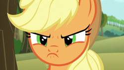 Size: 1280x720 | Tagged: safe, derpibooru import, screencap, applejack, earth pony, pony, no second prances, season 6, angry, applejack is not amused, close-up, cute, female, frown, implied starlight glimmer, madorable, mare, narrowed eyes, now you fucked up, reaction image, scowl, solo, this will not end well, unamused