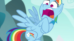 Size: 1280x720 | Tagged: safe, derpibooru import, screencap, rainbow dash, pegasus, pony, no second prances, season 6, cutie mark, faic, female, flying, implied starlight glimmer, mare, open mouth, rainbow dash is best facemaker, reaction image, shocked, shrunken pupils, solo, spread wings, wings