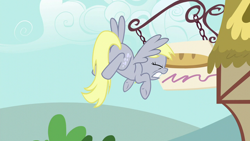 Size: 1280x720 | Tagged: safe, derpibooru import, screencap, derpy hooves, pegasus, pony, no second prances, season 6, crash, female, mare, oof, oops, ouch, solo, this will end in funniness, warning sign, wooden sign