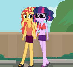 Size: 900x827 | Tagged: safe, artist:thomaszoey3000, derpibooru import, sci-twi, sunset shimmer, twilight sparkle, equestria girls, belly button, bikini, bikini top, clothes, female, holding hands, lesbian, sandals, scitwishimmer, shipping, shorts, sunsetsparkle, swimsuit