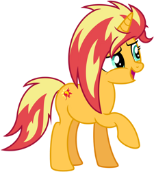 Size: 1024x1140 | Tagged: safe, artist:emeraldblast63, derpibooru import, sunset shimmer, pony, unicorn, alternate hairstyle, alternate tailstyle, female, mare, open mouth, raised hoof, raised leg, simple background, solo, tail, transparent background, vector